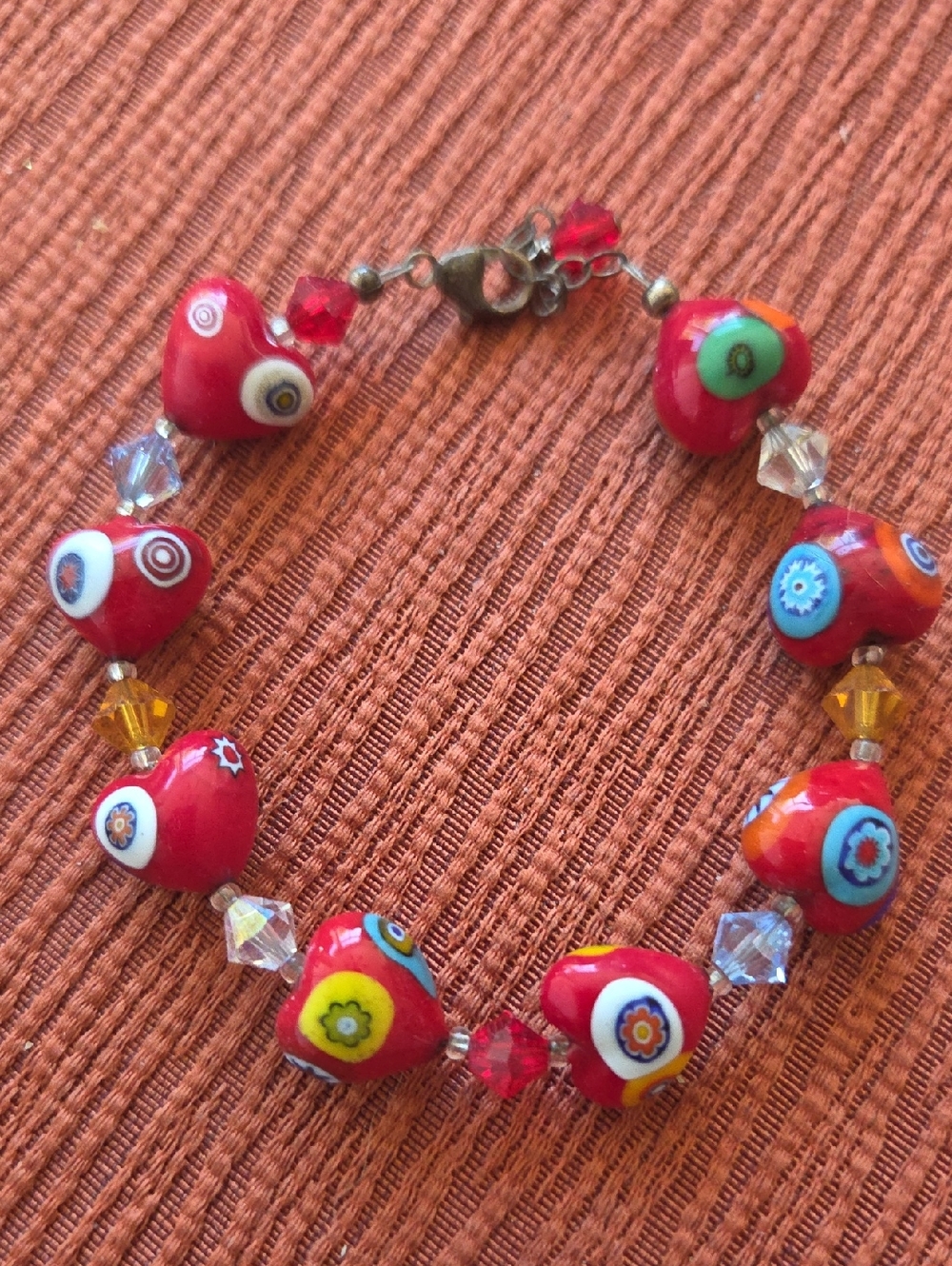 Kids Red Heart Bead Bracelet - Colorful Floral Accent